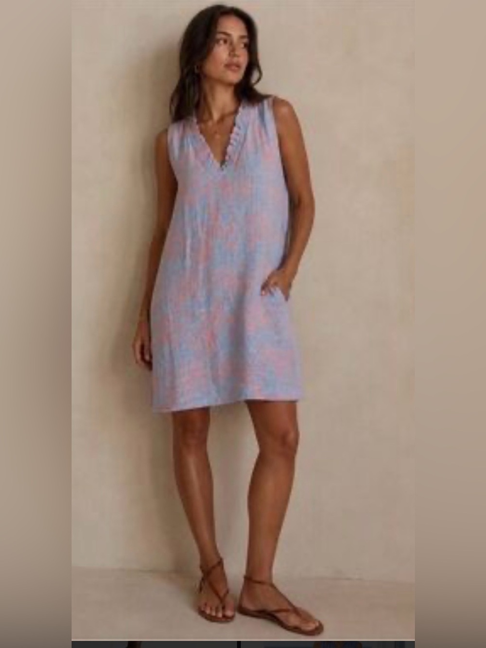 Tommy Bahama Sleeveless Beach Palm Print V-Neck Dress in Light Blue and Coral S